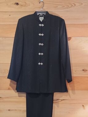 Vintage R&M Richards Black Metallic Pinstripe Mandarin Collar Jacket & Pants